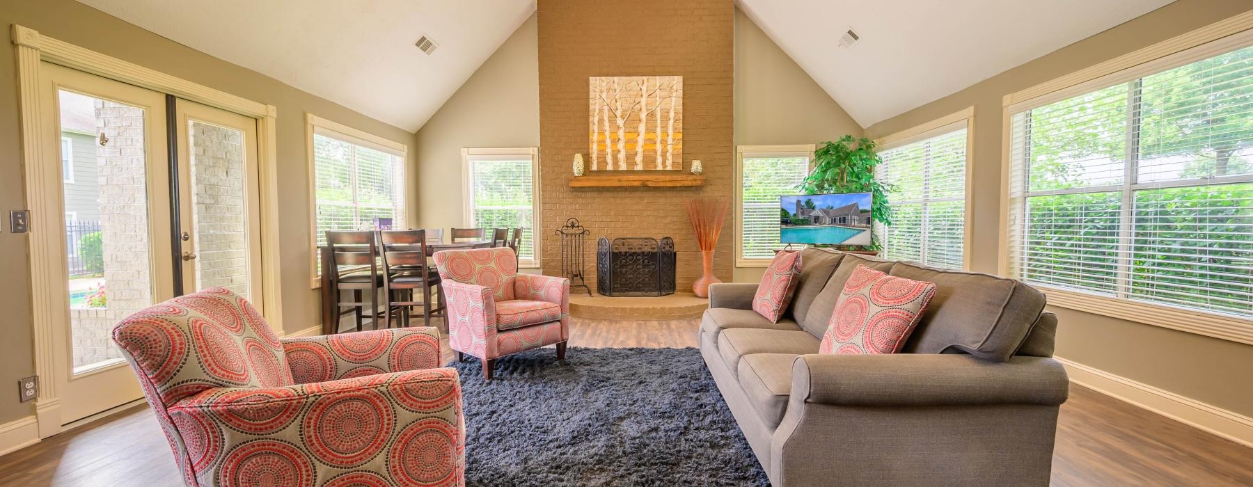 a living room with a fireplace